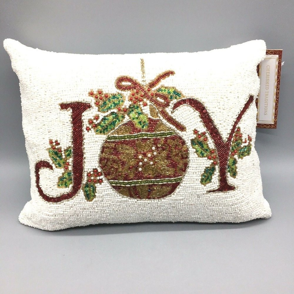 x2 Christmas JOY Holiday Beaded Throw Pillow Set Ornament Holly Berries Decor